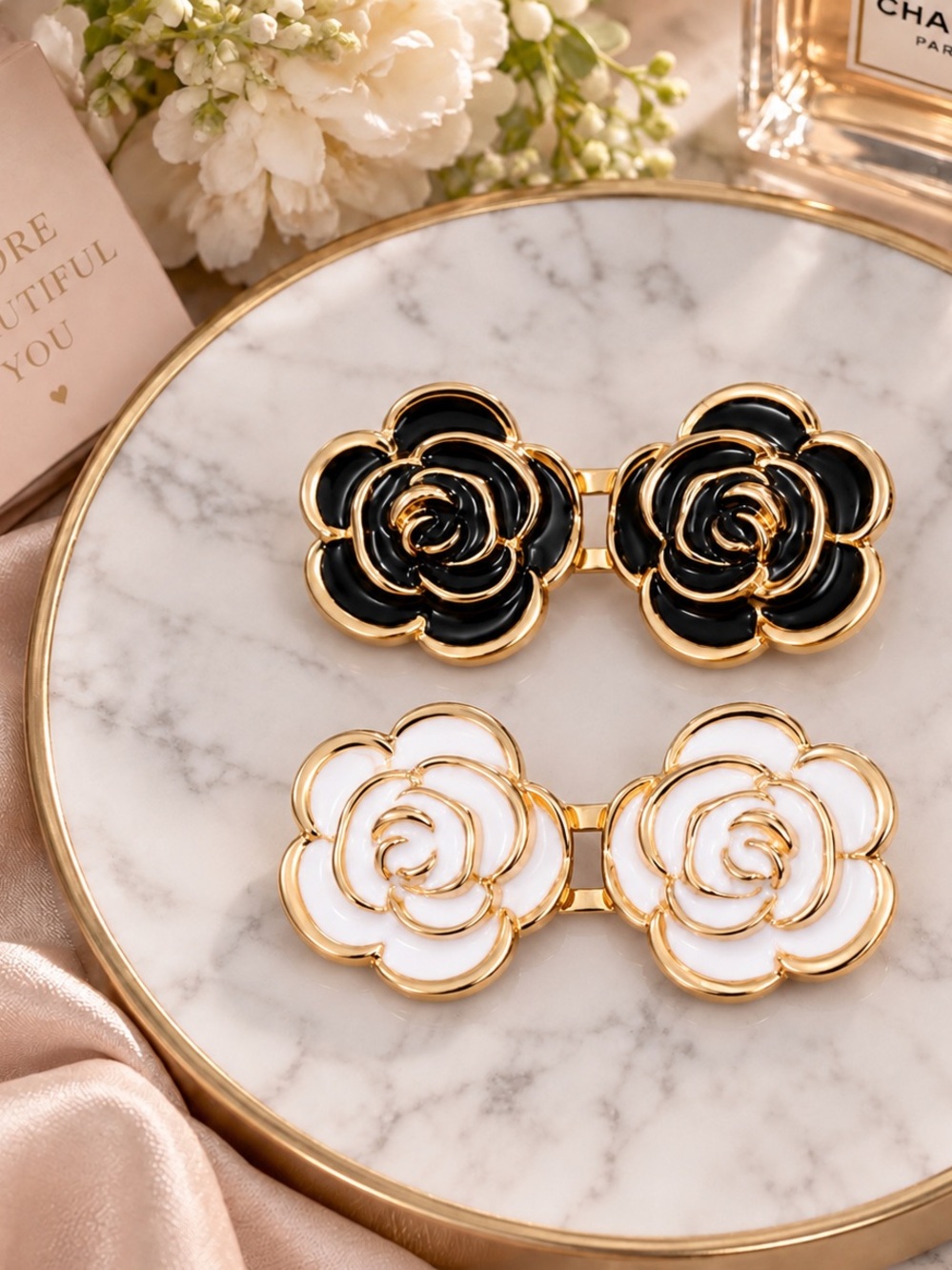 Gold Rose Floral Double Brooch - Black & White